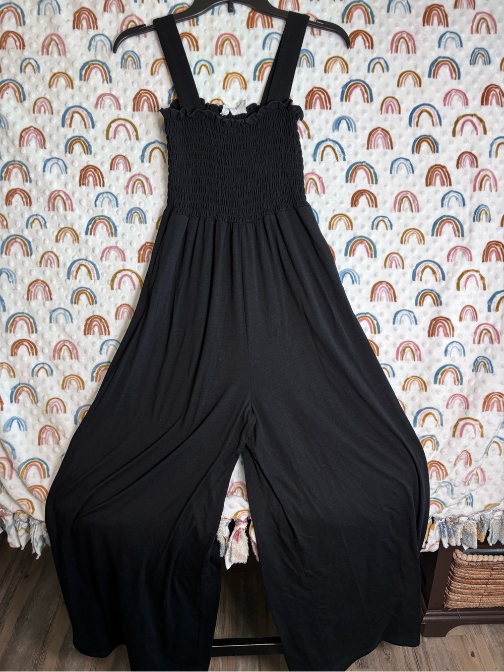 Roxy Black Smocked Wide-Leg Jumpsuit with Straps